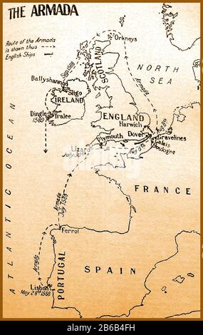 A 1933 school map showing the 16th century route of the Spanish Armada with dates of their progress Stock Photo