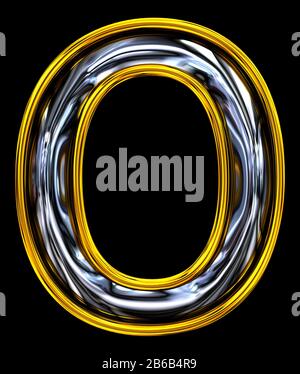 3D rendering. Uppercase Letter O. Clear Door number style font. Pristine high resolution ABC render.  Embossed steel graphic. Gold rimmed. Isolated on Stock Photo