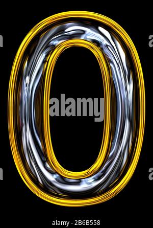 3D rendering, 0 zero number. Embossed steel inspire. Crisp high resolution ABC render.  Breezy Door number style font. Gold rimmed. Isolated on black Stock Photo