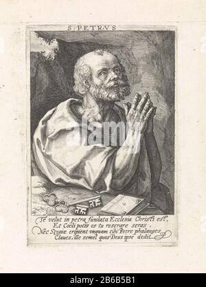 Apostel Petrus The apostle Peter in prayer. For him, the key attribute. In the margin of a four-line signature in Latin. Pendant of a picture of the apostle Paulus. Manufacturer : printmaker: Crispijn of Passe (I) Place manufacture: Unknown Date: 1574 - 1637 Physical features: car material: paper Technique: engra (printing process) Dimensions: plate edge: H 145 mm × W 100 mm Subject : the apostle Paul of Tarsus; possible attributes: book, scroll, sword Stock Photo