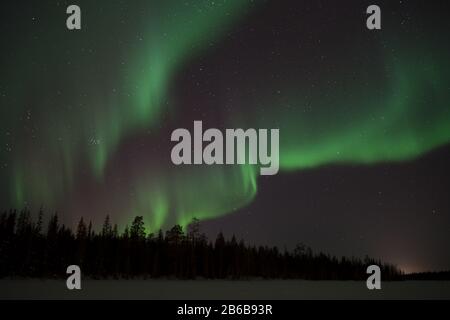 Beautiful green Northern Lights (Aurora Borealis) captured in Luosto, Lapland, Finland with clear sky and stars.