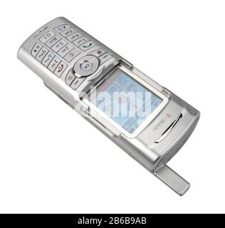 Old style 1990's mobile phone. LG Mobile telephone with colour screen on T mobile. Stock Photo