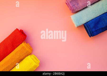 Microfiber cloth for housework or car cleaning.Cleaning towels microfiber cloth isolated against white background, Folded cleaning textile napkins Stock Photo