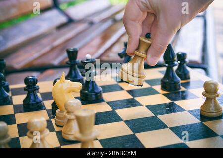 Chess game in the park on the bench. Stock Photo