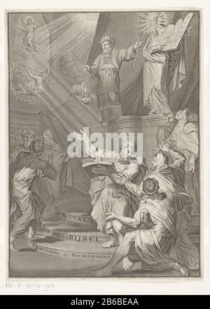 on a pedestal the high priest Aaron and Moses veiled. Around them the Jewish people. Moses showing the Israelites the Tables of the Law. In the background the tetragrammaton and a representation of the ascension of Christus. Manufacturer : printmaker: anonymous to print by: Gilliam van der Gouwe Publisher: Marten Schagen (listed property) Place manufacture: Amsterdam Date: 1723 - 1738 Material: paper Technique: engra (printing process) dimensions: plate edge: h 267 mm × W 193 mmToelichtingZie also title page: Martin, David. History of the Old and New Testament, verrykt with more than four hund Stock Photo
