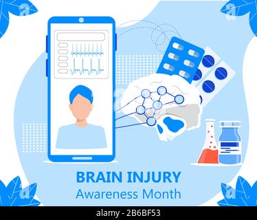 Brain injury awareness month in March. Neurology healthcare, dementia, Alzheimer metaphor. Anatomical science of brain and senses diseases Stock Vector