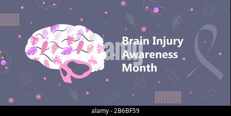 Brain injury awareness month in March. Neurology healthcare, dementia, Alzheimer metaphor. Anatomical science of brain and senses diseases Stock Vector