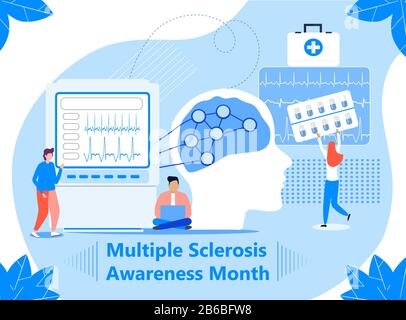 Multiple sclerosis awareness month event in March. Anatomical science of brain and senses diseases for website. Tiny doctors treat sclerotic. Stock Vector