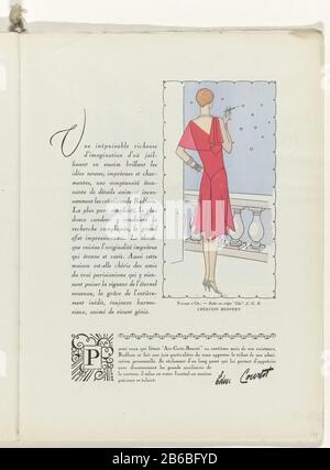 text with an image of a woman seen from the back, standing at a railing with a cigarette holder in hand. She wears a dress of crepe Ida A. G. B., Redfern. Page of the fashion magazine Art-Gout-Beauté (1920-1933) . Manufacturer : printmaker: anonymous fashion house: Redfern (listed building) Publisher: Charles GoyPlaats manufacture: Paris Date: 1928 Physical features: lithography, templates and colored by hand, brush in silver material : paper technique: lithography (technique) / pochoir / hand color / brush dimensions: sheet: h 315 mm × W 240 mm Subject: fashion plates dress, gown: evening dre Stock Photo