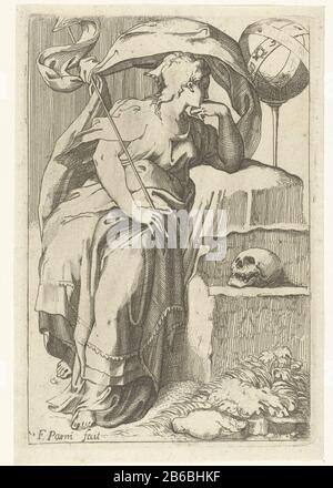 Astrologie Personification of Astrology. A woman sitting on a rock in her hand and a staff with a cloth tied around it. In addition to its a sphere with the constellations and a skull. A copy in spiegelbeeld. Manufacturer : print maker: anonymously to print by: Parmigianino (indicated on object) Dated: ca. 1520 - ca. 1590 Physical characteristics: etching and dry point material: paper Technique: etching / dry point measurements: plate edge: H 158 mm × b 108 mm Subject 'Astrologia' (Ripa) Stock Photo