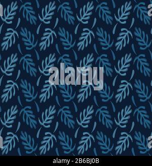 Dark classic blue simple watercolor leaf vector texture seamless pattern. Variegated soft blended dyed background. Denim indigo masculine elegant Stock Vector