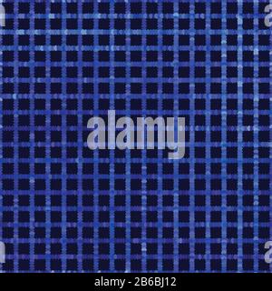 Classic blue spliced vector criss cross grid texture. Variegated mottled dotted background. Seamless tartan plaid pattern. Distorted masculine Stock Vector
