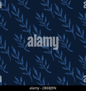 Dark classic blue simple watercolor leaf vector texture seamless pattern. Variegated soft blended dyed background. Denim indigo masculine elegant Stock Vector