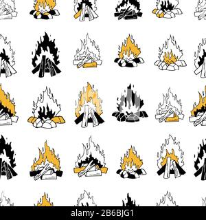 Modern vector seamless pattern with burning fire on a white background. Isolated bonfire illustrations. Endless texture in golden black and white Stock Vector