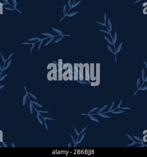 Dark classic blue watercolor leaf vector texture. Seamless tossed simple pattern. Variegated nature background. Denim indigo dyed effect masculine Stock Vector