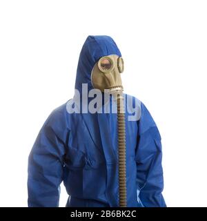 Men in protective suit with gas mask isolated on white Stock Photo