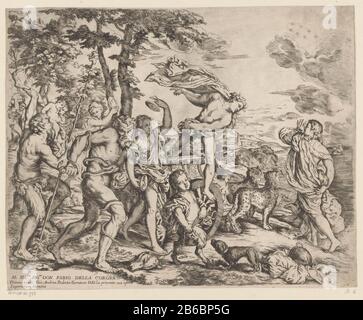 Bacchus meets Ariadne on Naxos Bacchus, along with his entourage consisting of satyrs, Bacchantes and panthers, Ariadne found on the island of Naxos. Bottom left a job in Italiaans. Manufacturer : printmaker Giovanni Andrea Podestànaar design: Titian (listed property) provider of privilege: Papal court (listed building) commissioned by Giovanni Andrea Podesta (listed building) dedicated to Fabio della Corgna (listed property) Place manufacture: printmaker: Italy to design: Italy Provider of privilege: Vatican Commissioned by: Genoa Date: 1618 - 1674 Physical features: etching material: paper T Stock Photo