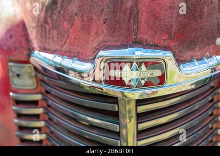 Cassiar, British Columbia, Canada - July 24, 2017: The hood ornament of an International truck Stock Photo