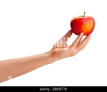 red yellow apple in hand path isolated on white Stock Photo