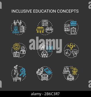 Inclusive education chalk RGB color concept icons set. Individual program. Partial and full inclusion. Specialized teaching idea. VVector isolated Stock Vector