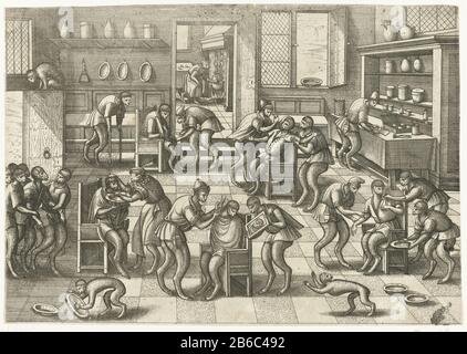 Barbiers- surgeon and store statistics Monkeys (series title) The chirurgijns- and barber shop. Interior of a shop Where: apes are clipped and shaved. Find medical procedures rather like bloodletting and tandentrekken. Manufacturer : printmaker Pieter van der Borcht (I) to print from unknown place manufacture: Antwerp (possible) Dated: 1557 - 1608 Physical features: etching material: paper Technique: etching Dimensions: sheet: H 201 mm × W 289 mm Subject: barber; surgeon'mundus inversus', the reversed world, the topsy-turvy world, 'le monde © bestournÃ' monkeys, apes Stock Photo