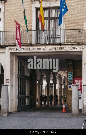 Seville, Spain - January 17, 2020: Facade of University of Seville, one of the top-ranked universities in Spain. Stock Photo