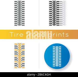 Tire tread icon. Detailed automobile, motorcycle tyre marks. Car wheel trace with thick grooves. Vehicle tire trail. Linear black and RGB color styles Stock Vector