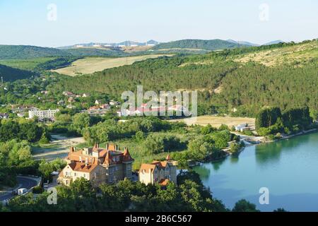 View from the observation deck on the Northern edge of the resort village of Abrau-Durso in the city district of Novorossiysk. Sunny summer day on the Stock Photo