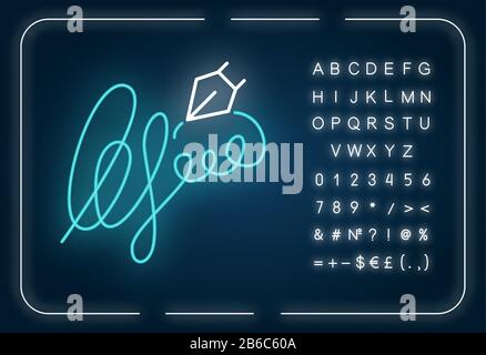 Signature neon light icon. Handwriting. Autograph. Proof of identity. Evidence of consent. Outer glowing effect. Sign with alphabet, numbers and Stock Vector