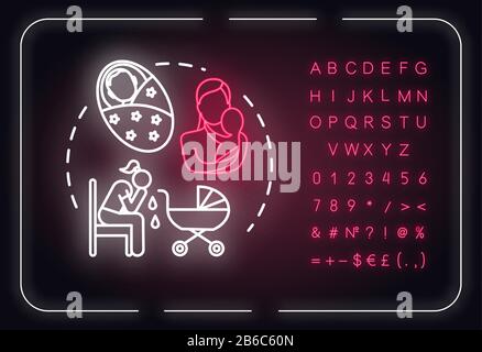 Postnatal depression neon light concept icon. Postpartum depression. PPD idea thin line illustrationidea. Outer glowing sign with alphabet, numbers Stock Vector