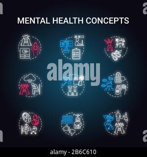 Mental health neon light concept icons set. Panic attacks, depression, phobias, paranoia, stress. Personality disorder idea. Glowing vector isolated Stock Vector