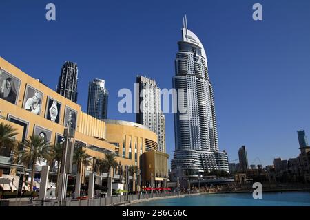 Dubai, United Arab Emirates - 12/21/2019: View of Burj Khalifa and Dubai Mall, from Dubai Mall Stock Photo