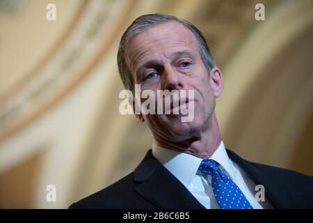 United States Senator John Thune (Republican of South Dakota) speaks to members of the media following Republican Policy Luncheons at the United States Capitol in Washington D.C., U.S., on Tuesday, March 10, 2020.  Credit: Stefani Reynolds / CNP | usage worldwide Stock Photo