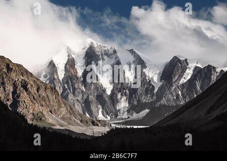 Panoramic view of the long tongue of the Glacier Maashei in the Altai Mountains Stock Photo