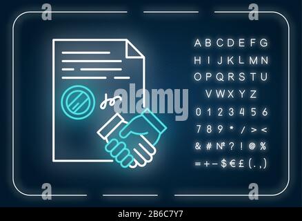 Conclusion of contract neon light icon. Apostille. Legal agreement. Business deal. Partnership. Outer glowing effect. Sign with alphabet, numbers and Stock Vector