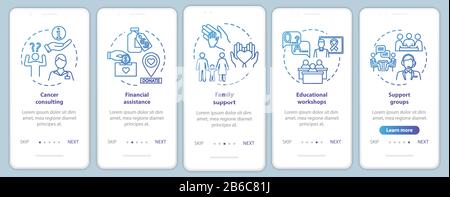 Oncology help onboarding mobile app page screen with concepts. Financial assistance. Illness treatment walkthrough five steps graphic instructions. UI Stock Vector