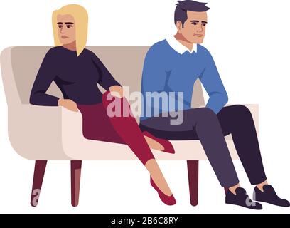 Couple on couch semi flat RGB color vector illustration. People on sofa. Marital conflict. Family quarrel. Unhappy spouses. Psychology consultation Stock Vector