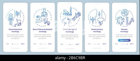 Oncology onboarding mobile app page screen with concepts. Cancer treatment walkthrough five steps graphic instructions. Dermatological oncology. UI Stock Vector