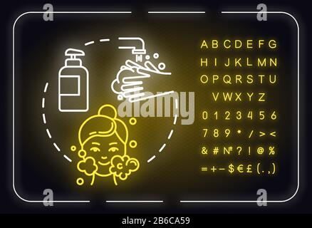 Cleansing, pore purification neon light concept icon. Face skin cleanser use, hygienic procedure idea. Outer glowing sign with alphabet, numbers and Stock Vector