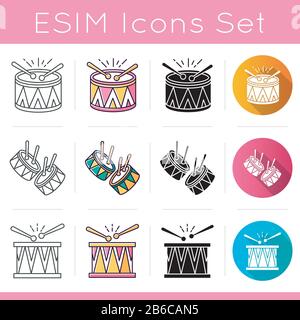 Brazilian music icons set. Drums with drumsticks. Linear, black and RGB color styles. Samba. Brazilian carnival. Musical instrument. Festive drum Stock Vector