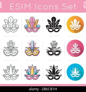 Masquerade masks icons set. Traditional headwear with plumage. Linear, black and RGB color styles. Ethnic festival. Brazilian national holiday Stock Vector