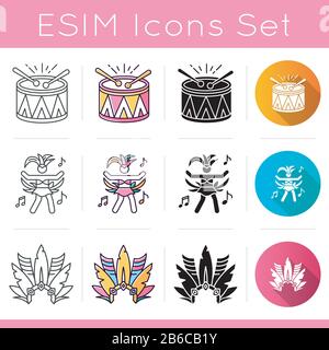 Brazilian music icons set. Linear, black and RGB color styles. Samba. Brazilian carnival. Drums with drumsticks. Musical instrument. Festive drum Stock Vector