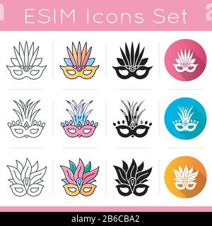 Masquerade masks icons set. Traditional headwear with plumage. Linear, black and RGB color styles. National holiday. Ethnic festival. Isolated vector Stock Vector