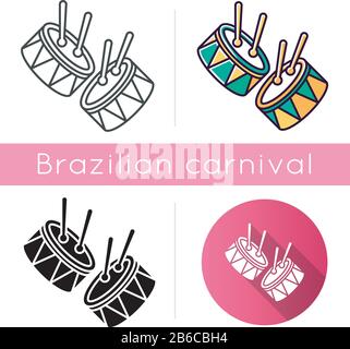 Drums with drumsticks icons set. Linear, black and RGB color styles. Musical instrument. Brazilian carnival. Samba. Festive parade. Musical movement Stock Vector