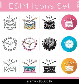 Brazilian music icons set. Drums with drumsticks. Linear, black and RGB color styles. Samba. Musical instrument. Brazilian carnival. Festive drum Stock Vector