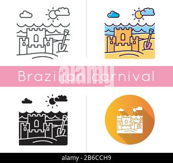 Ocean beach icons set. Linear, black and RGB color styles. Marine shore. Sand castle. Maritime family vacation. Trip to exotic country. Isolated Stock Vector