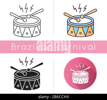 Drum with drumsticks icons set. Linear, black and RGB color styles. Musical instrument. Brazilian carnival. Samba. Festive drum parade. Musical Stock Vector