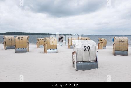 Beach chairs (Strandkorb) at the Baltic Sea in Laboe, Germany Stock Photo