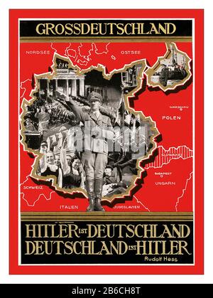 ANSCHLUSS Adolf Hitler Poster/Card Map Germany Vintage 1940’s Nazi Propaganda GROSSDEUTSCHLAND Poster/Postcard featuring Adolf Hitler saluting wearing military uniform with Swastika armband surrounded by images of military parades and might and adoring crowds 'All of Germany' “ Hitler is Germany Germany is Hitler.. (Rudolf Hess quote) World War II WW2 Second World War Stock Photo