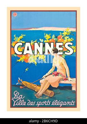 CANNES Vintage French 1930s travel poster illustration for Cannes, showing a woman holding a golf club and sitting above the Mediterranean Sea, ‘Cannes - La Ville des sports elegants’, CANNES THE TOWN OF ELEGANT SPORTS 1930s. Stock Photo